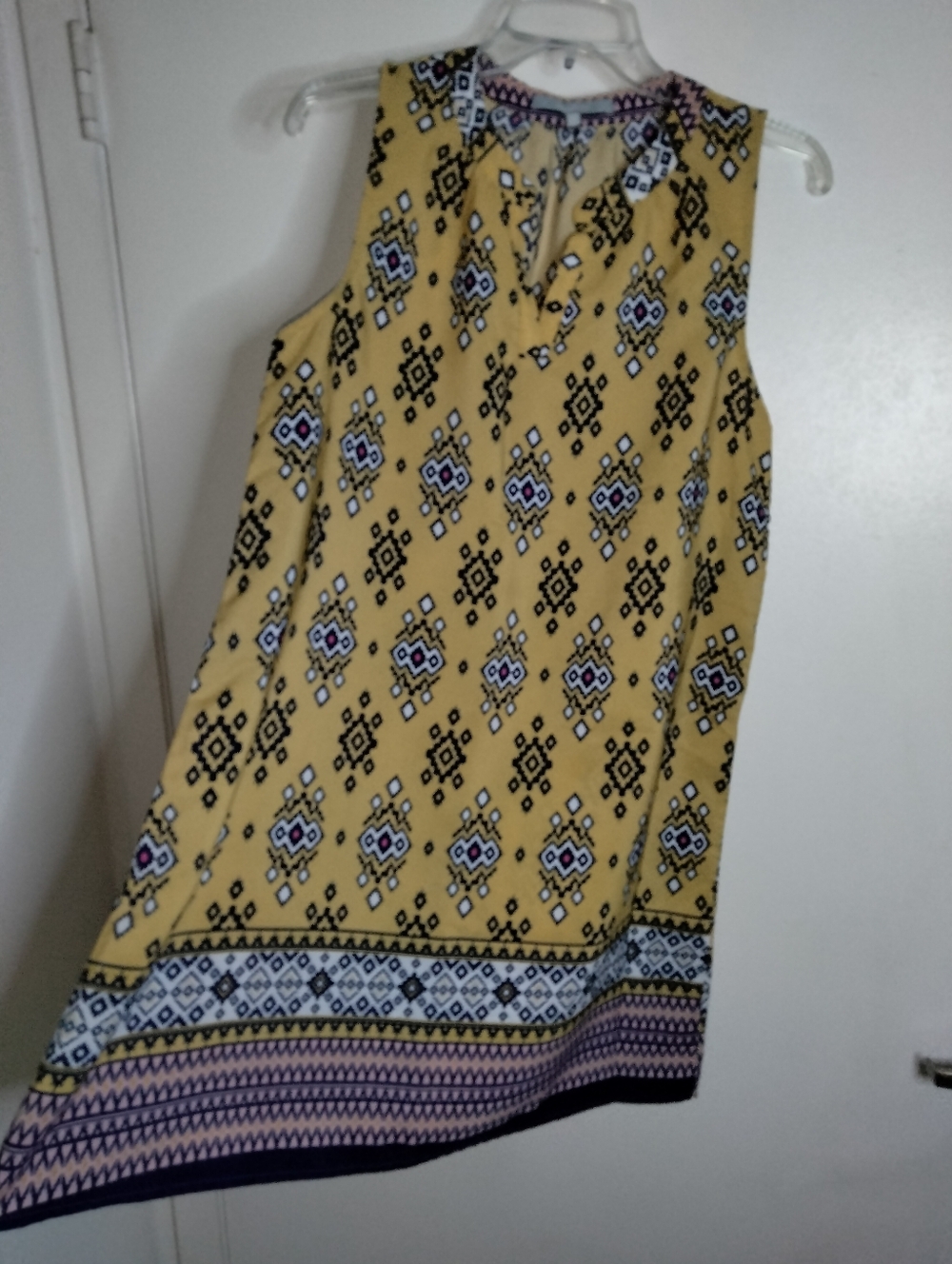 Sweet Rain (Size M) Yellow Aztec Printed Sleeveless Border Pattern Shift Dress